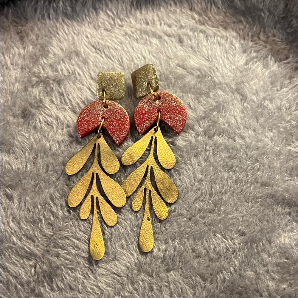 Elegant Gold and Red Dangle Earrings